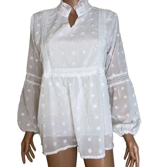 unbranded Tops - White top blouse swiss dot flowy puff sleeve mock neck SZ MD Boho festival
